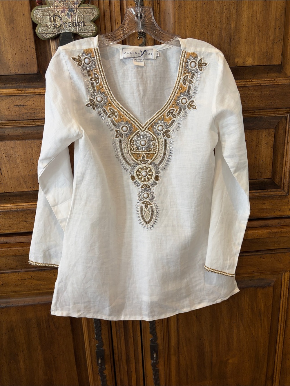 MARINA White Linen Tunic with Gold & Silver Embellished V-Neck